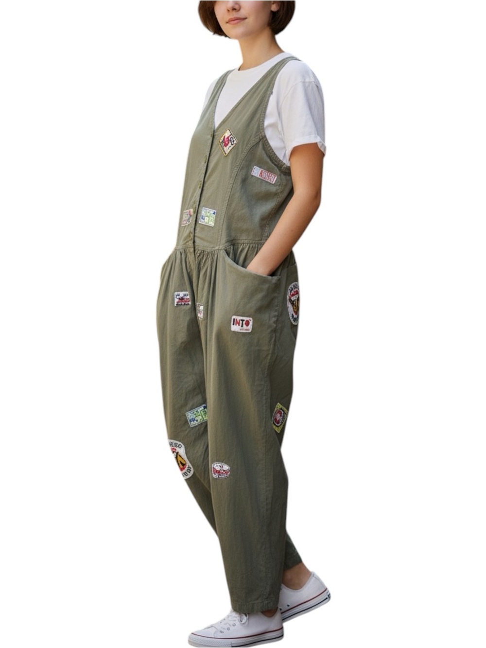 VTG 90’s Mairaj Olive Green Jumpsuit w/ Buttoned Front & Various Patches - Small